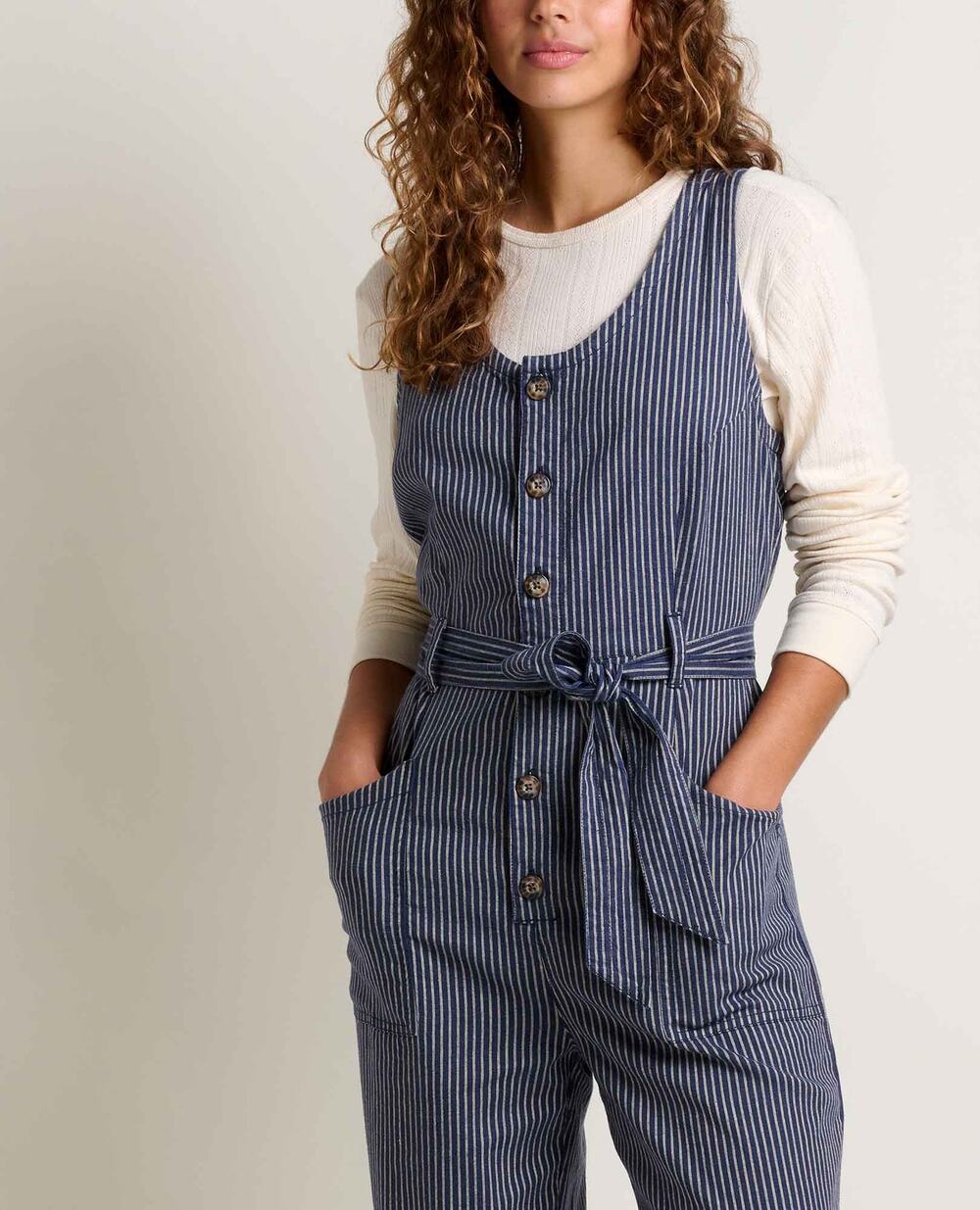 TOAD & CO Tarn Tank Sleeveless Jumpsuit Color: Navy Railroad Stripe Size SMALL